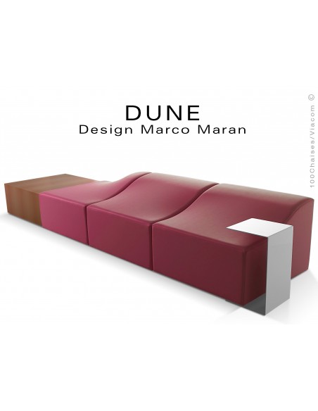 Banquette modulable DUNE assise cuir synthétique couleur prune 317, structure bois cerisier