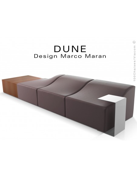 Banquette modulable DUNE assise cuir synthétique couleur marron 367, structure bois cerisier