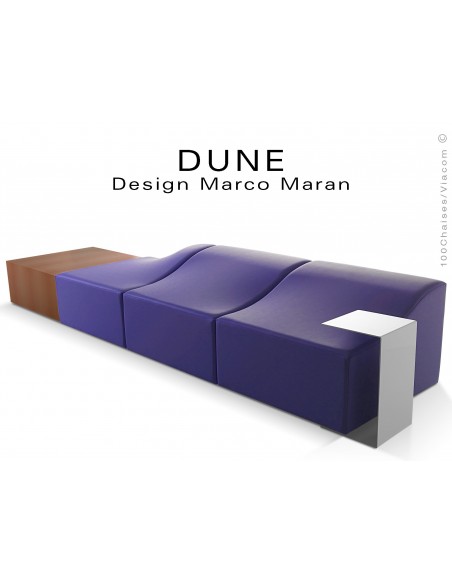 Banquette modulable DUNE assise cuir synthétique couleur violet 371, structure bois cerisier