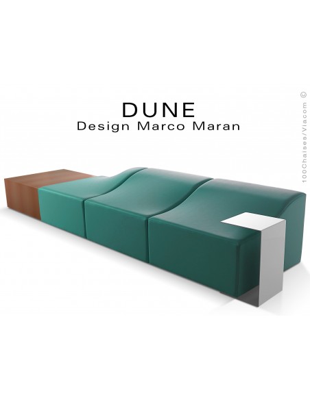 Banquette modulable DUNE assise cuir synthétique couleur vert 382, structure bois cerisier