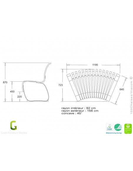 Banc NOVA module concave 45°, assise bois structure métal - 4 modules