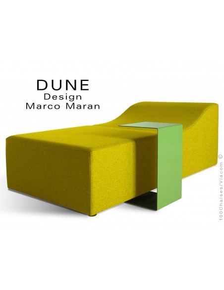 Banquette modulable DUNE-2 assise 100% laine couleur vert/jaune 106, structure bois avec tablette.