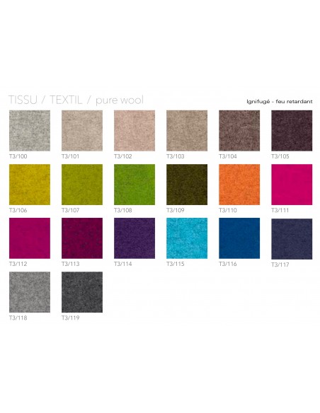Palette couleur laine, banquette modulable DUNE-2 assise 100% laine type feutre structure bois, avec tablette.