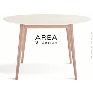 Table ronde en bois de hêtre AREA plateau rond en MDF, finition couleur blanc cassé.