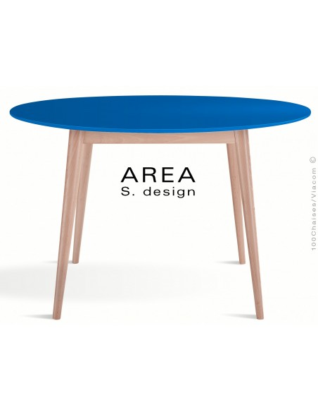Table ronde en bois de hêtre AREA plateau MDF finition couleur bleu.