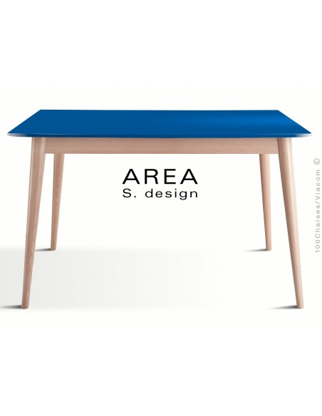 Table rectangulaire en bois de hêtre "AREA" plateau MDF finition couleur blanc bleu.