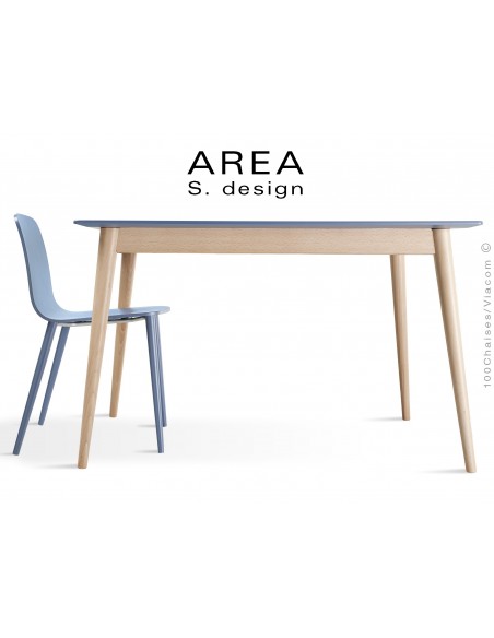 Table rectangulaire en bois de hêtre "AREA" plateau MDF finition couleur bleu.