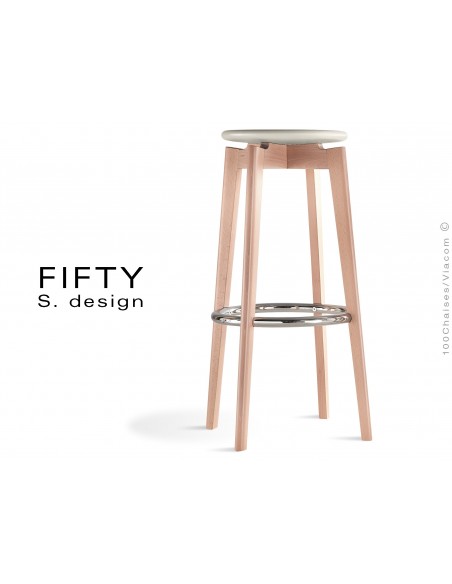 Tabouret FIFTY assise couleur blanc cassé, piétement bois naturel hauteur 78 cm