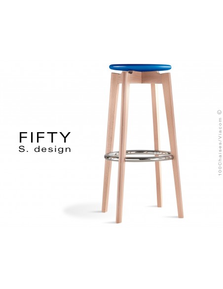 Tabouret FIFTY assise couleur bleu, piétement bois naturel hauteur 78 cm