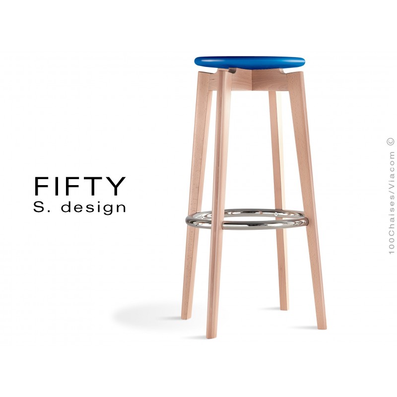 Tabouret FIFTY assise couleur bleu, piétement bois naturel hauteur 78 cm