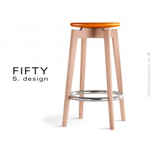 Tabouret FIFTY-65 assise couleur orange piétement bois naturel hauteur 65 cm