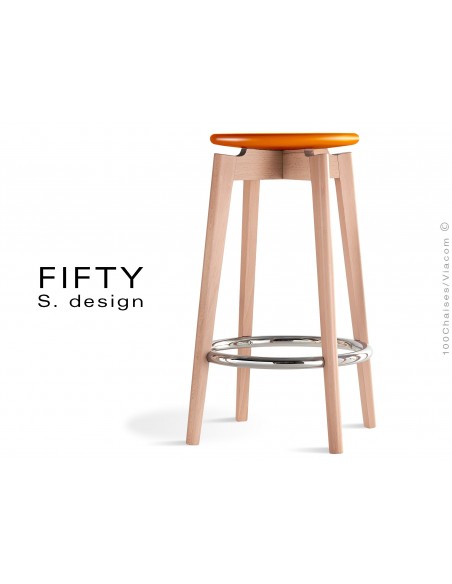 Tabouret FIFTY-65 assise couleur orange piétement bois naturel hauteur 65 cm
