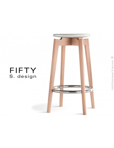 Tabouret FIFTY-65 assise couleur blanc cassé piétement bois naturel hauteur 65 cm