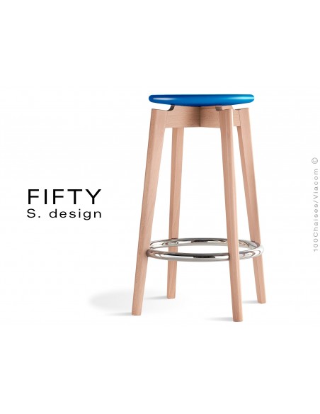 Tabouret FIFTY-65 assise couleur bleu piétement bois naturel hauteur 65 cm