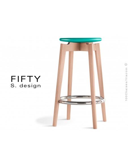 Tabouret FIFTY-65 assise couleur vert piétement bois naturel hauteur 65 cm