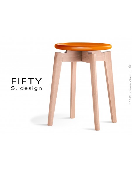 Tabouret FIFTY-45 assise couleur orange piétement bois naturel, hauteur 45 cm.
