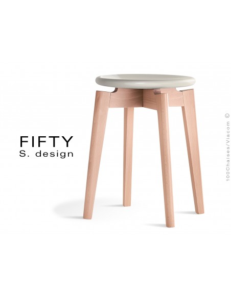 Tabouret FIFTY-45 assise couleur blanc cassé piétement bois naturel, hauteur 45 cm.