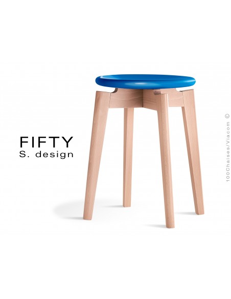 Tabouret FIFTY-45 assise couleur bleu piétement bois naturel, hauteur 45 cm.