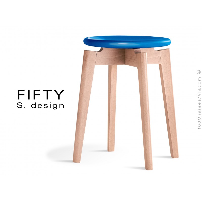 Tabouret FIFTY-45 assise couleur bleu piétement bois naturel, hauteur 45 cm.