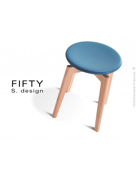 Tabouret FIFTY-45 assise couleur bleu piétement bois naturel, hauteur 45 cm.