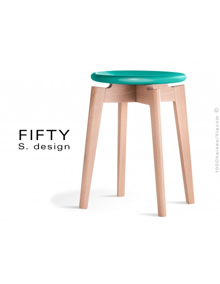 Tabouret FIFTY-45 assise couleur vert piétement bois naturel, hauteur 45 cm.