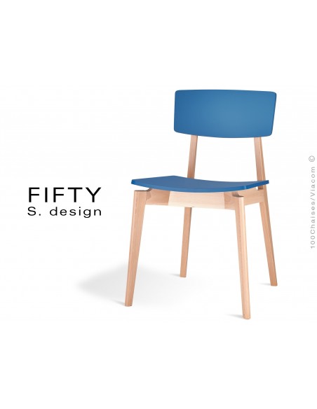 Chaise en bois FIFTY aspect naturel assise et dossier couleur bleu