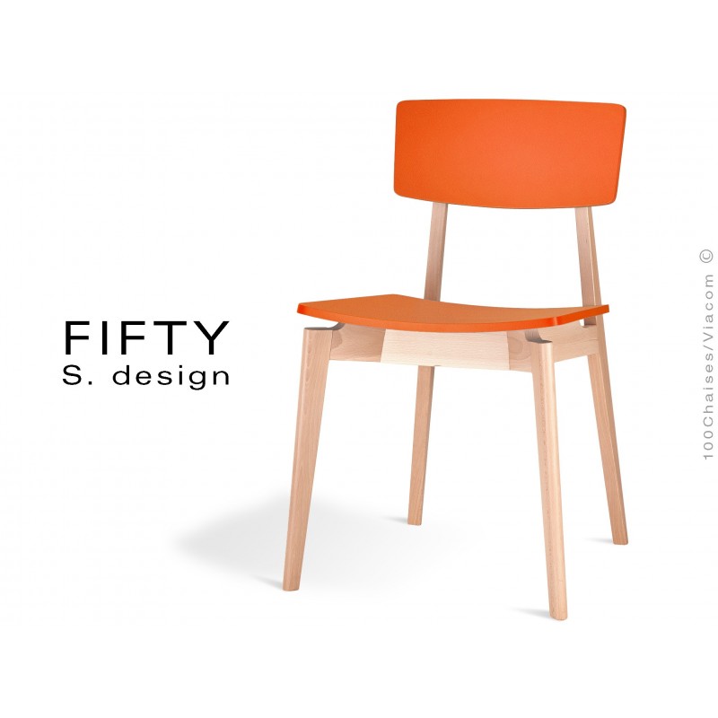 Chaise en bois FIFTY aspect naturel assise et dossier couleur orange