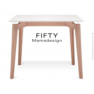 Table carrée en bois de hêtre "FIFTY" plateau MDF finition couleur blanc cassé