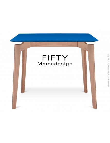 Table carrée en bois de hêtre "FIFTY" plateau MDF finition couleur bleu