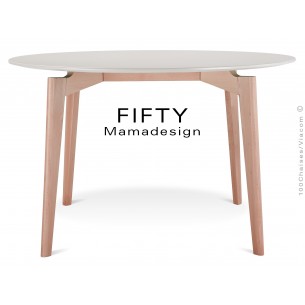 Table ronde en bois de hêtre "FIFTY" plateau MDF finition couleur blanc cassé