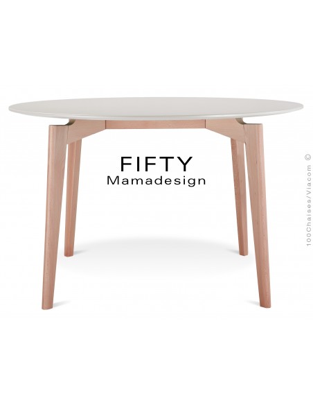 Table ronde en bois de hêtre "FIFTY" plateau MDF finition couleur blanc cassé