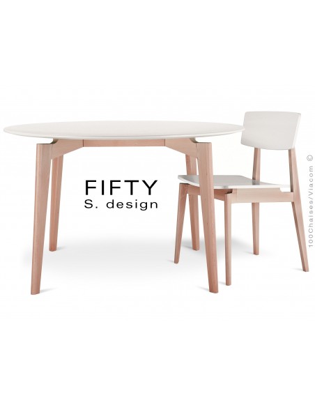 Table ronde en bois de hêtre "FIFTY" plateau MDF finition couleur blanc cassé