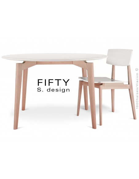 Table ronde en bois de hêtre "FIFTY" plateau MDF finition couleur blanc cassé