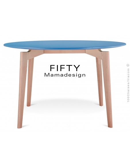 Table ronde en bois de hêtre "FIFTY" plateau MDF finition couleur bleu