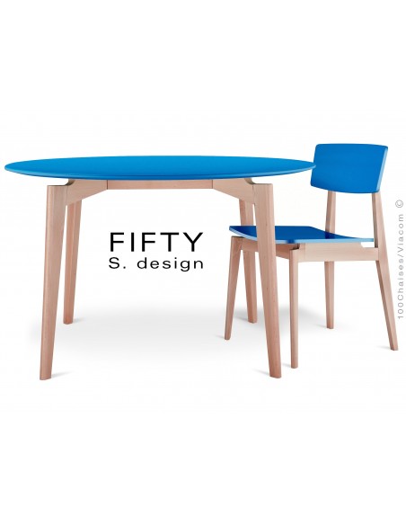 Table ronde en bois de hêtre "FIFTY" plateau MDF finition couleur bleu