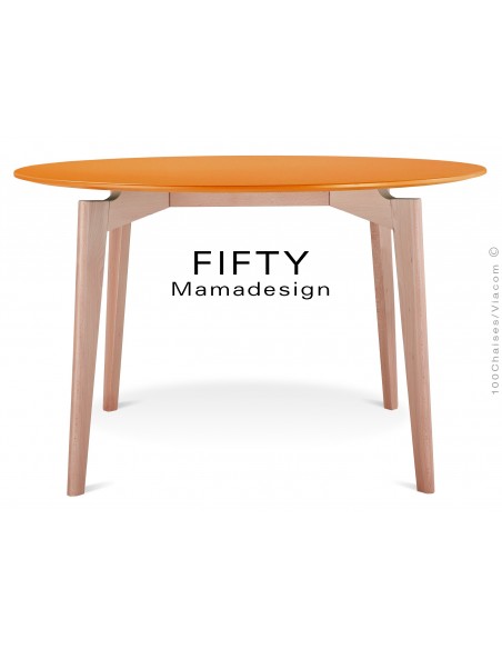 Table ronde en bois de hêtre "FIFTY" plateau MDF finition couleur orange