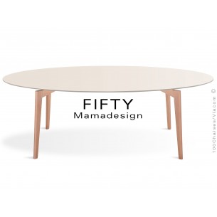 Table ovale en bois de hêtre "FIFTY" plateau MDF finition couleur blanc cassé
