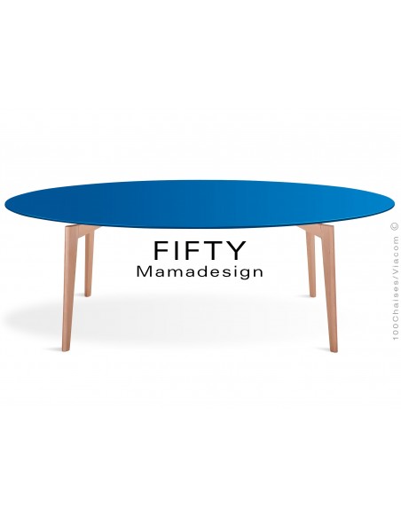 Table ovale en bois de hêtre "FIFTY" plateau MDF finition couleur bleu