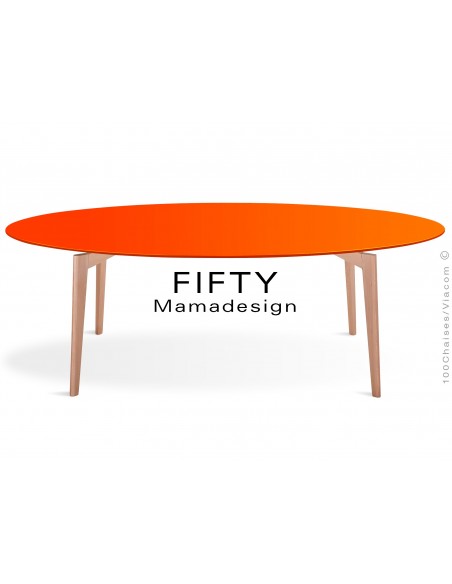 Table ovale en bois de hêtre "FIFTY" plateau MDF finition couleur orange