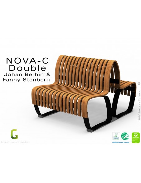 Banc NOVA DOUBLE module droit assise bois, finition vernis noyer, structure métal - 2 modules