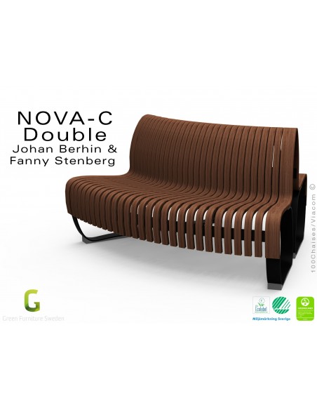 Banc NOVA DOUBLE module courbe 45° assise bois finition noyer foncé, structure métal - 2 modules