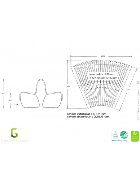 Banc NOVA DOUBLE module courbe 45° assise bois structure métal - 2 modules