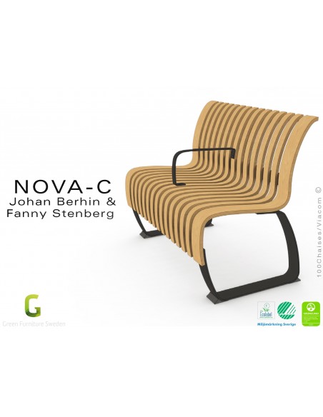 Option accoudoir, banc NOVA DOUBLE module courbe 45° assise bois structure métal - 2 modules