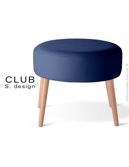 Pouf ou repose-pieds rond CLUB assise capitonnée habillage cuir synthétique, couleur bleu