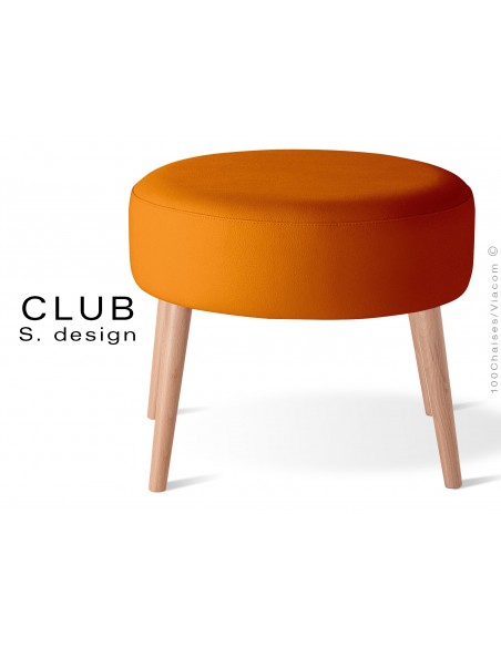 Pouf ou repose-pieds rond CLUB assise capitonnée habillage cuir synthétique, couleur orange