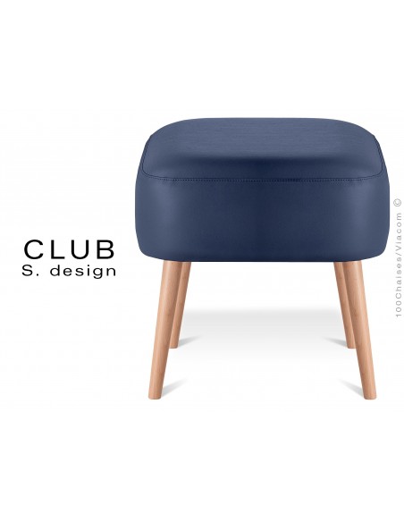 Pouf ou repose-pieds carré CLUB assise capitonnée habillage cuir synthétique, couleur bleu foncé