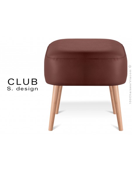 Pouf ou repose-pieds carré CLUB assise capitonnée habillage cuir synthétique, couleur marron