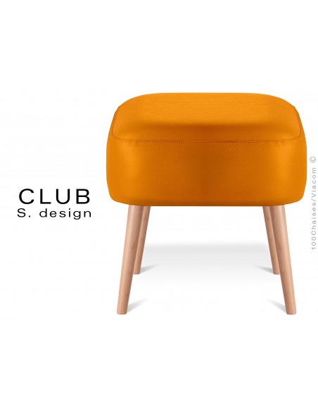 Pouf ou repose-pieds carré CLUB assise capitonnée habillage cuir synthétique, couleur orange