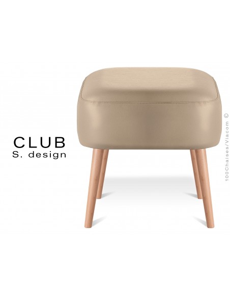 Pouf ou repose-pieds carré CLUB assise capitonnée habillage cuir synthétique, couleur sable.