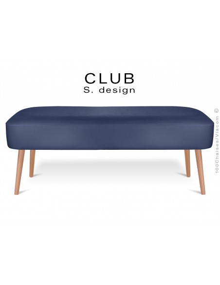 Pouf ou repose-pieds rectangulaire CLUB assise capitonnée habillage cuir synthétique, couleur bleu foncé